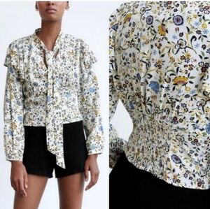 Zara Blouse Womens Size Medium Floral Long Sleeve Tie Front Office Siren